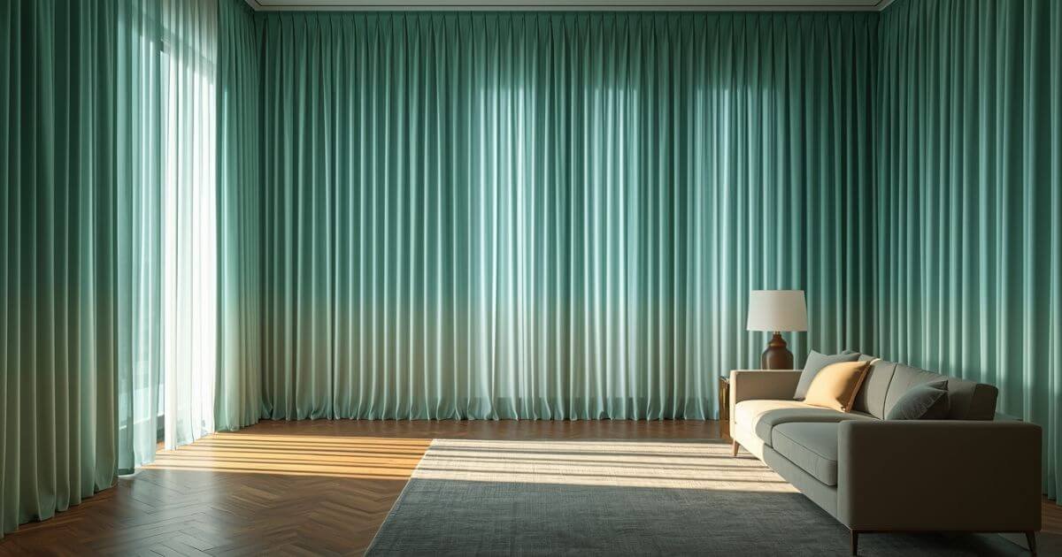 Luxurious emerald-to-mint ombre curtains in a modern living room