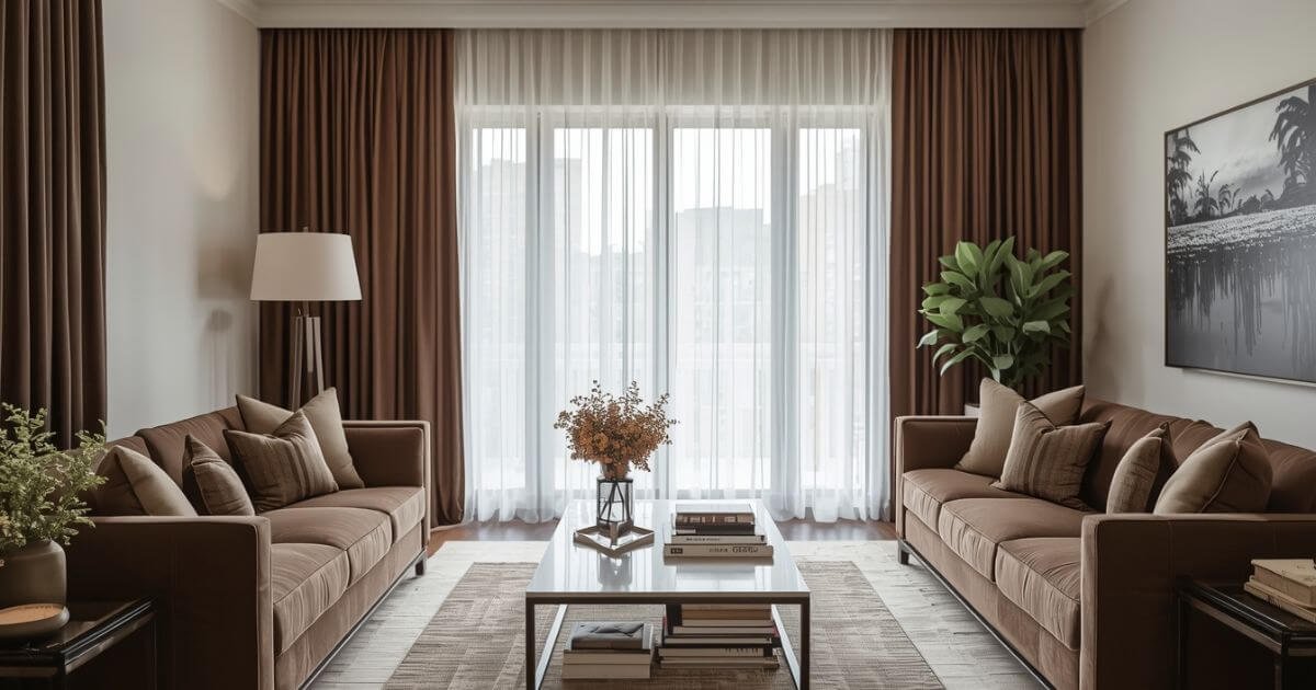 layered sheer and blackout curtains used with brown furniture for light control