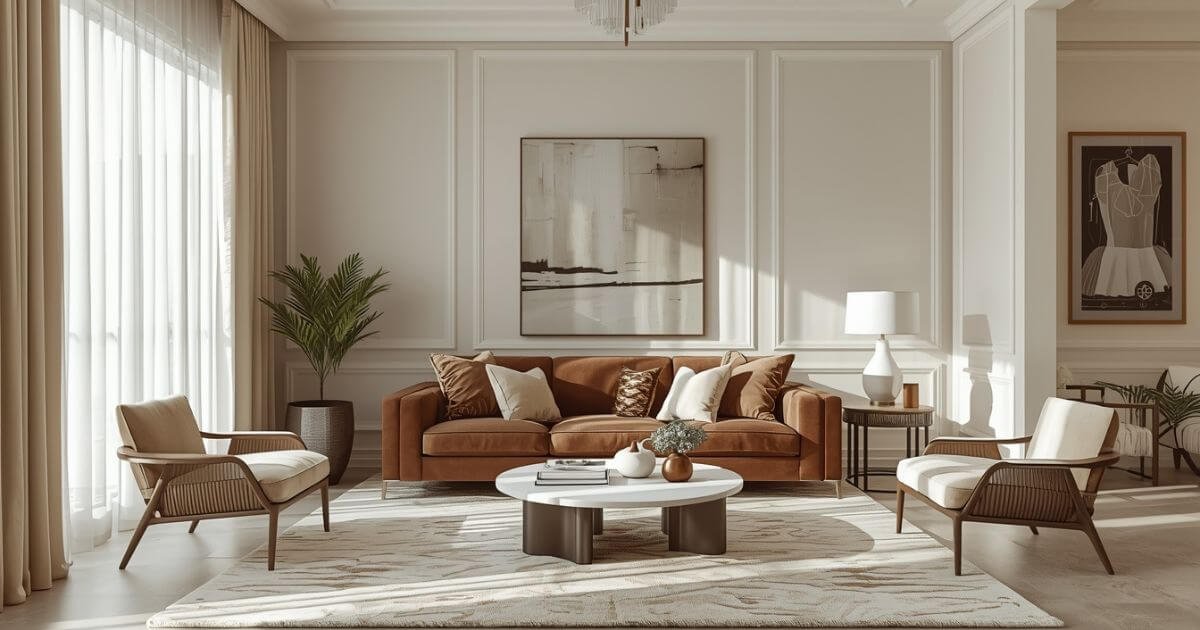 beige and cream curtains paired with brown furniture in a bright living room
