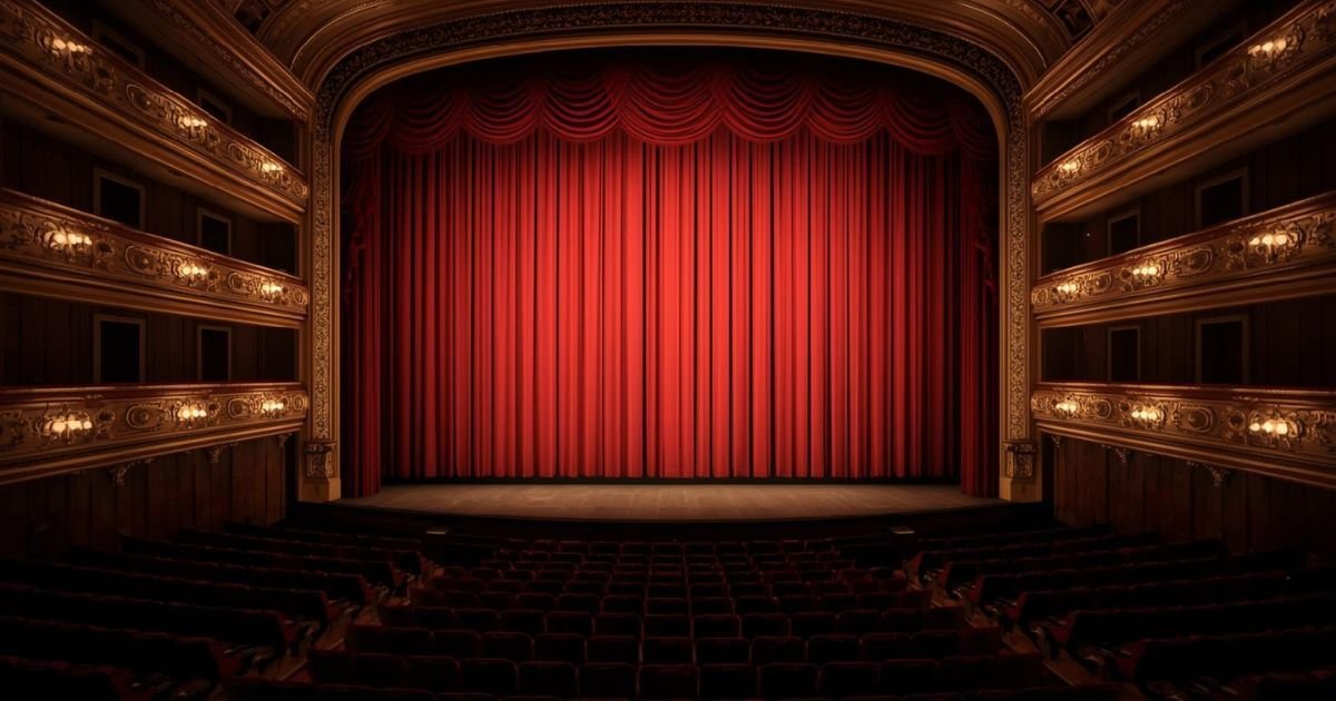 Red grand drape stage curtains in a professional theatre with proscenium arch and stage lighting