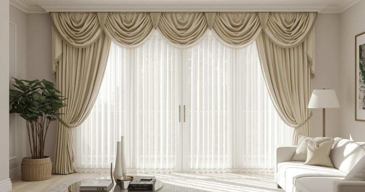 How to hang swag curtains styled symmetrically over sheer panels in a modern living room
