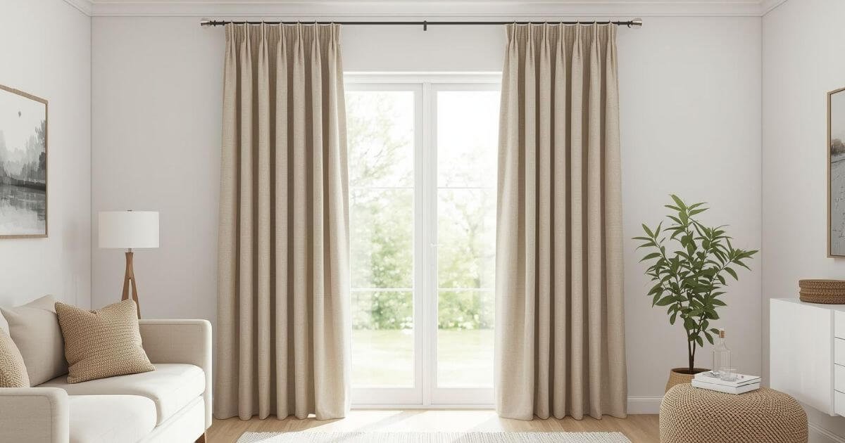 Pinch pleat curtains with evenly spaced pleats and smooth folds hanging in a living room