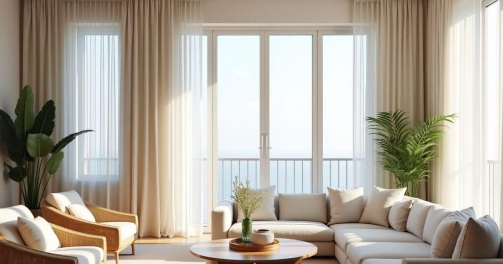 Modern curtain top styles in a sunlit living room with grommet and pinch pleat curtains