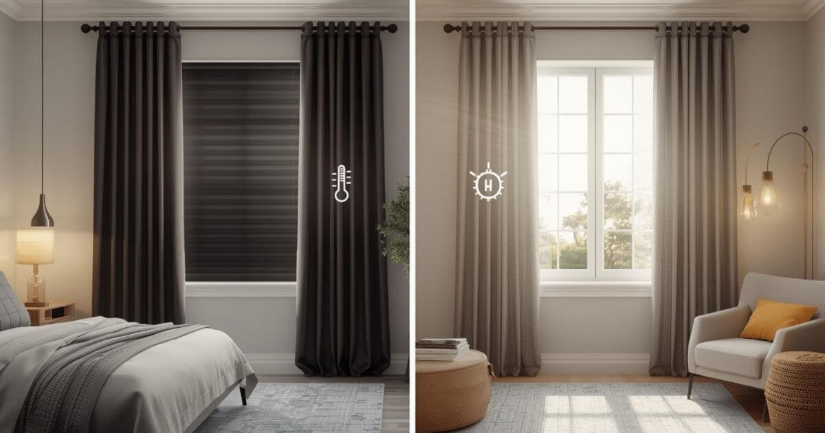 “Bedroom with blackout curtains blocking sunlight and living room with thermal curtains for insulation showing energy efficiency”
