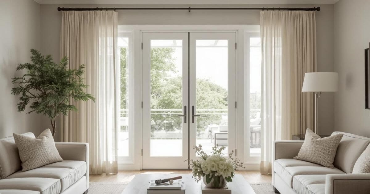 Curtain design for French doors with sheer split panels in a modern living room
