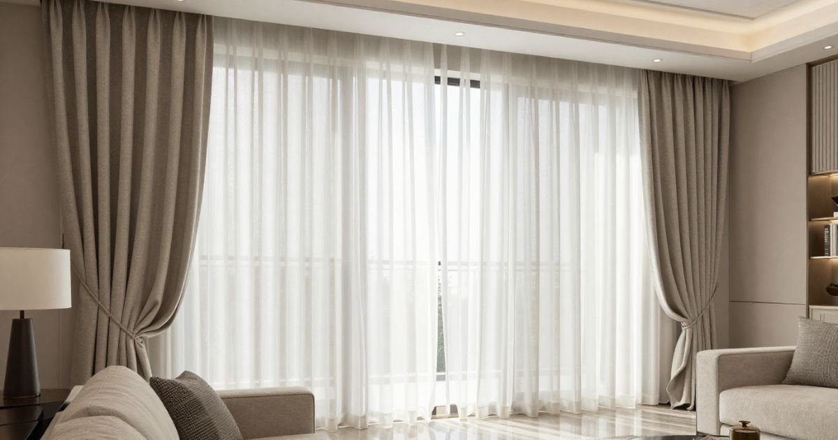 Luxury curtains in a modern living room showing why high-quality curtains are expensive
