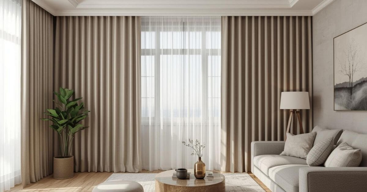 Heavy duty thermal insulated curtains blocking sunlight and enhancing energy efficiency in a modern living room”