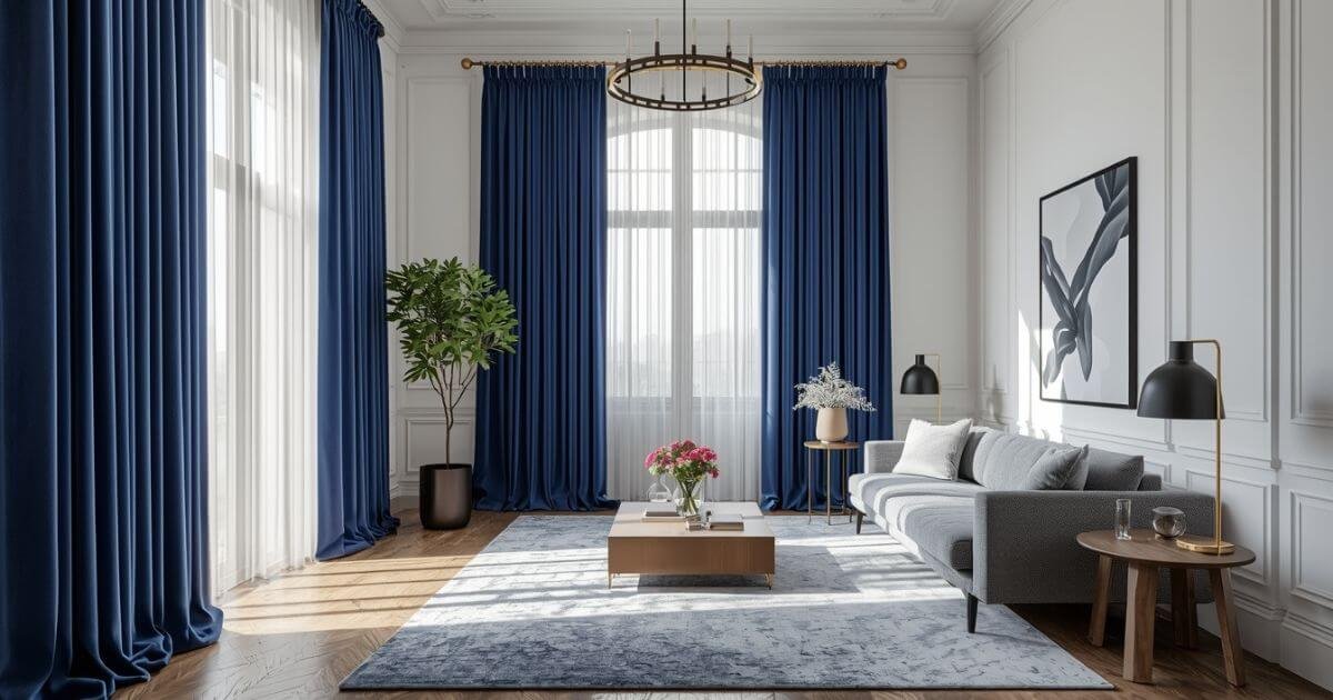 Navy blue velvet curtains in modern white living room with brass curtain rod and wooden flooring