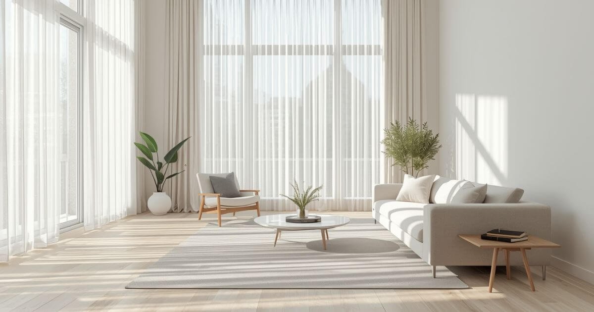 Floor-length white sheer curtains filtering natural light in a modern living room with neutral decor