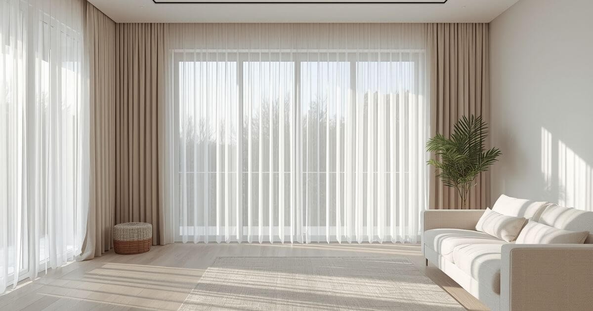 Floor-length white sheer curtains mounted high above window frame in bright modern living room
