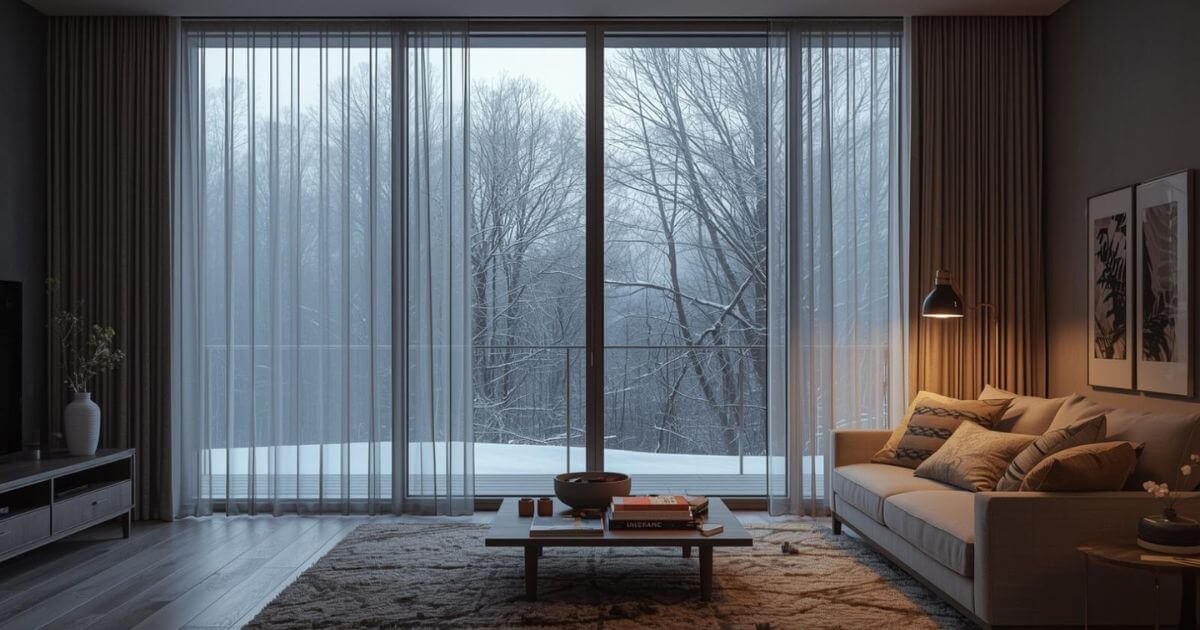 Floor-length thermal curtains in a modern living room improving insulation and comfort
