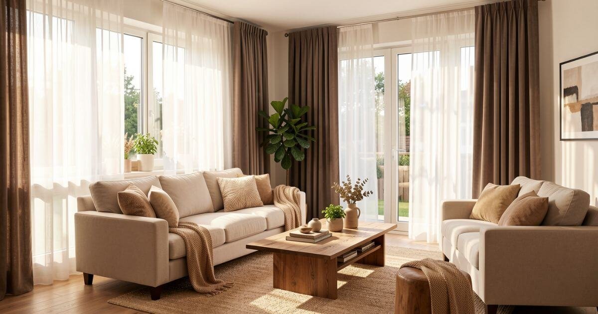 “Living room with sheer, semi-translucent, and room-darkening curtains showing different light diffusion levels”
