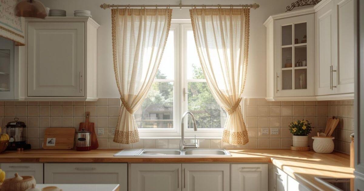 Café curtains covering the lower half of a kitchen window while allowing natural light from the top.