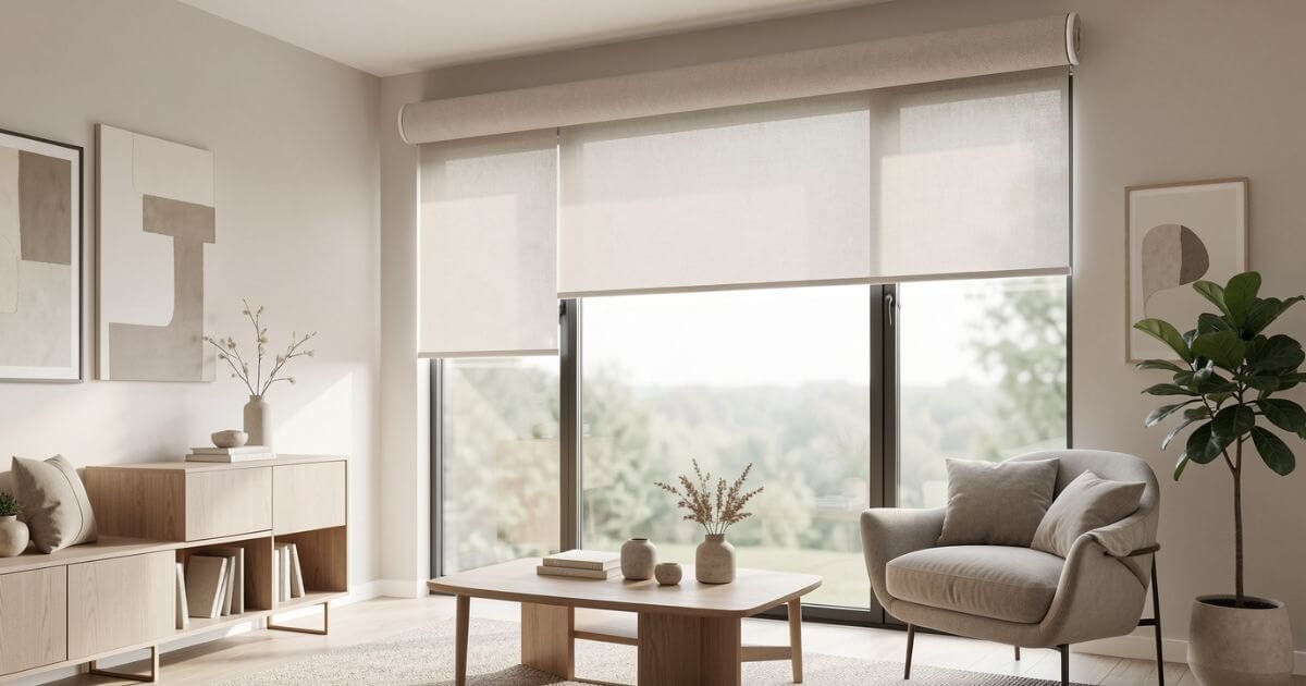 Modern roller blinds installed on a large window showing clean fabric rolled around a top tube