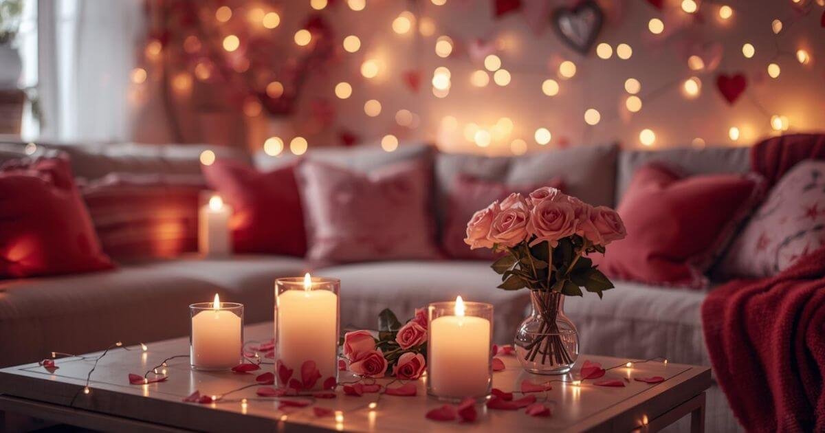 Romantic Valentine’s Day home decor with soft lighting, pink and red accents, candles, cushions, and flowers in a cozy living room