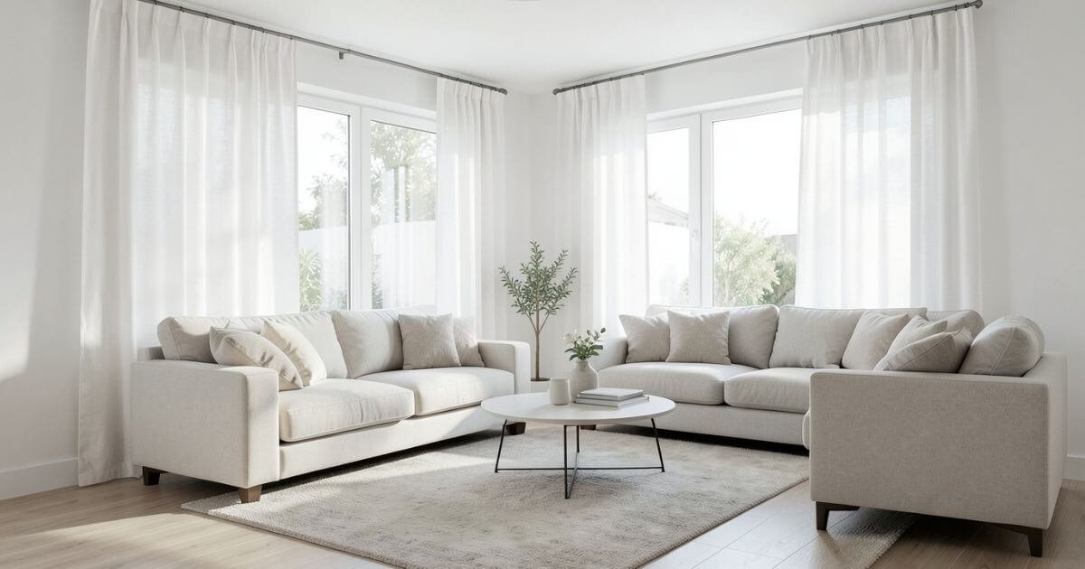 White curtains and white walls creating a bright and modern living room interior