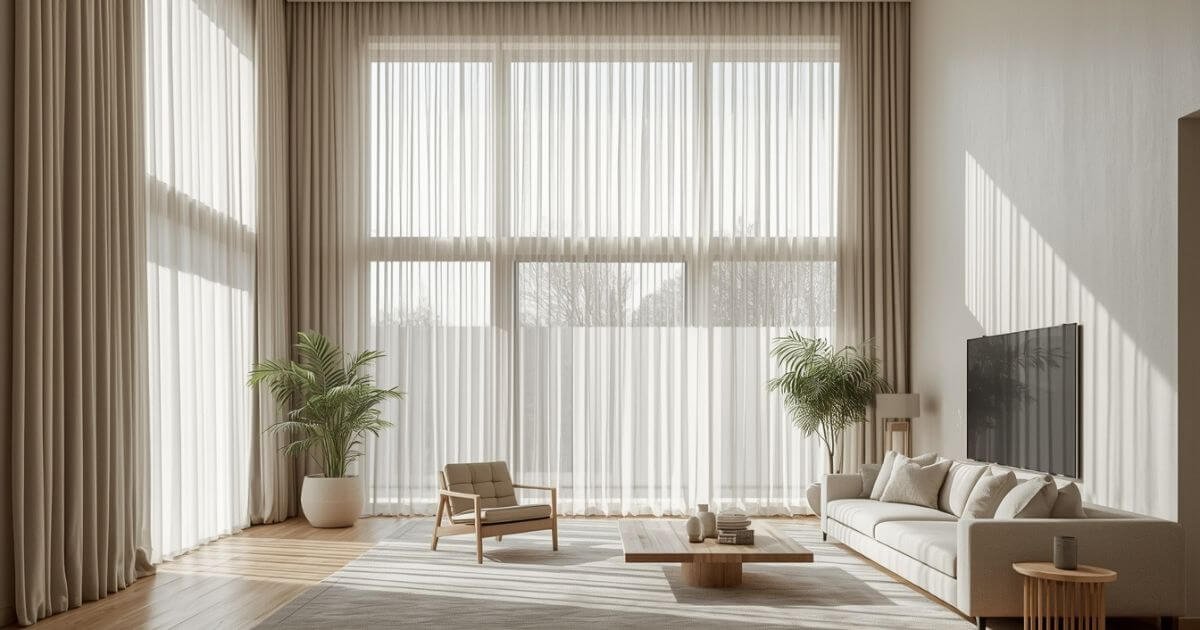 Contemporary living room with neutral floor-to-ceiling linen curtains and natural light