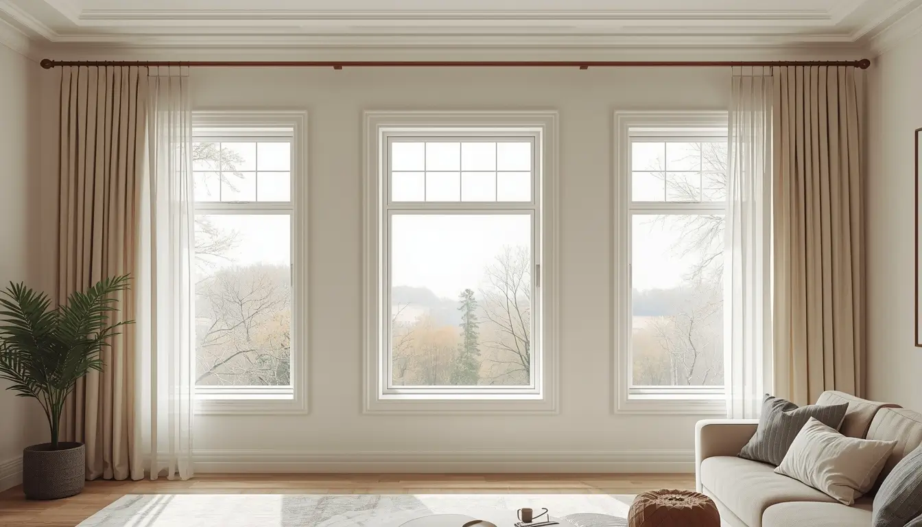 modern curtain ideas for 3 windows side by side with long rod and neutral curtains