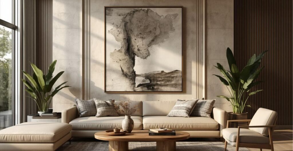 Modern living room featuring a large statement wall art piece above a neutral sofa with elegant interior decor.
