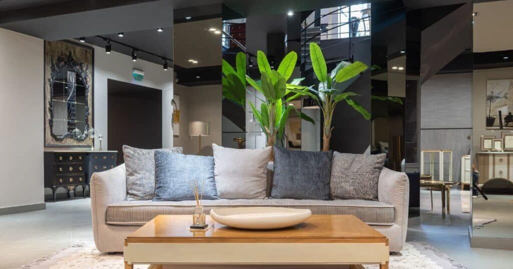 Elegant living room with grey sofa, layered cushions, tall banana leaf plants, and mirrored wall panels reflecting a spiral staircase