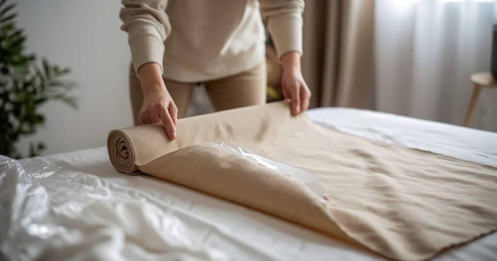 Person unfolding new blackout curtains after unboxing in a bedroom