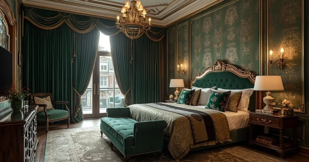 Elegant Pakistani bedroom with emerald green velvet curtains and golden décor accents.