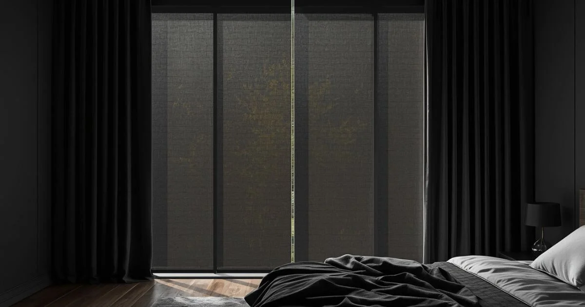 Blackout curtains blocking bright daylight inside a modern bedroom to create complete darkness and better sleep