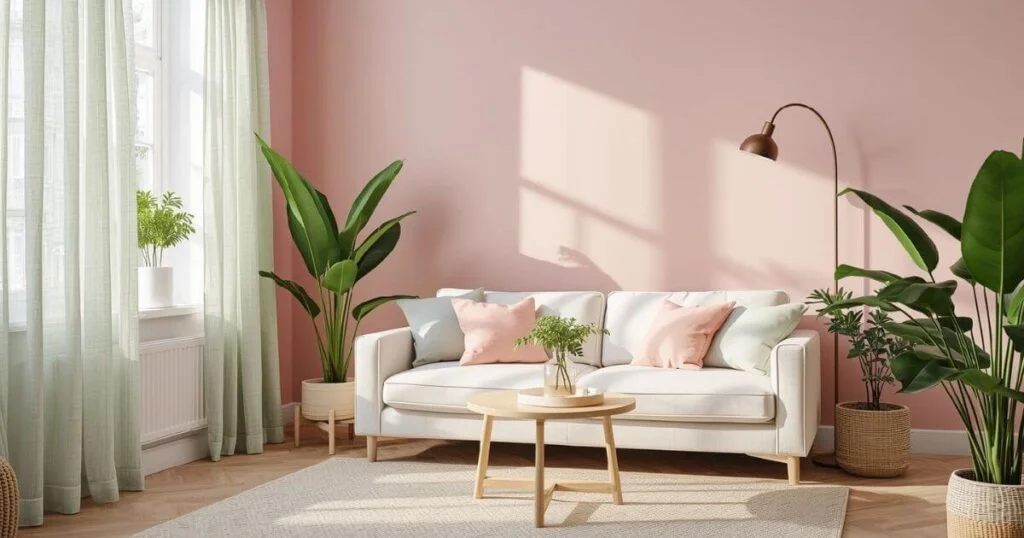 “Living room with light pink walls and sheer white curtains”