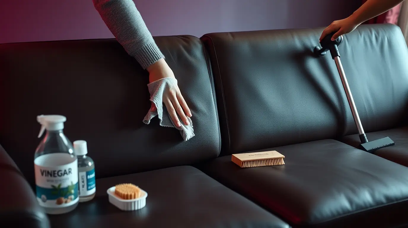 Person cleaning a faux leather sofa with a microfiber cloth and a bowl of soapy water, with cleaning supplies nearby