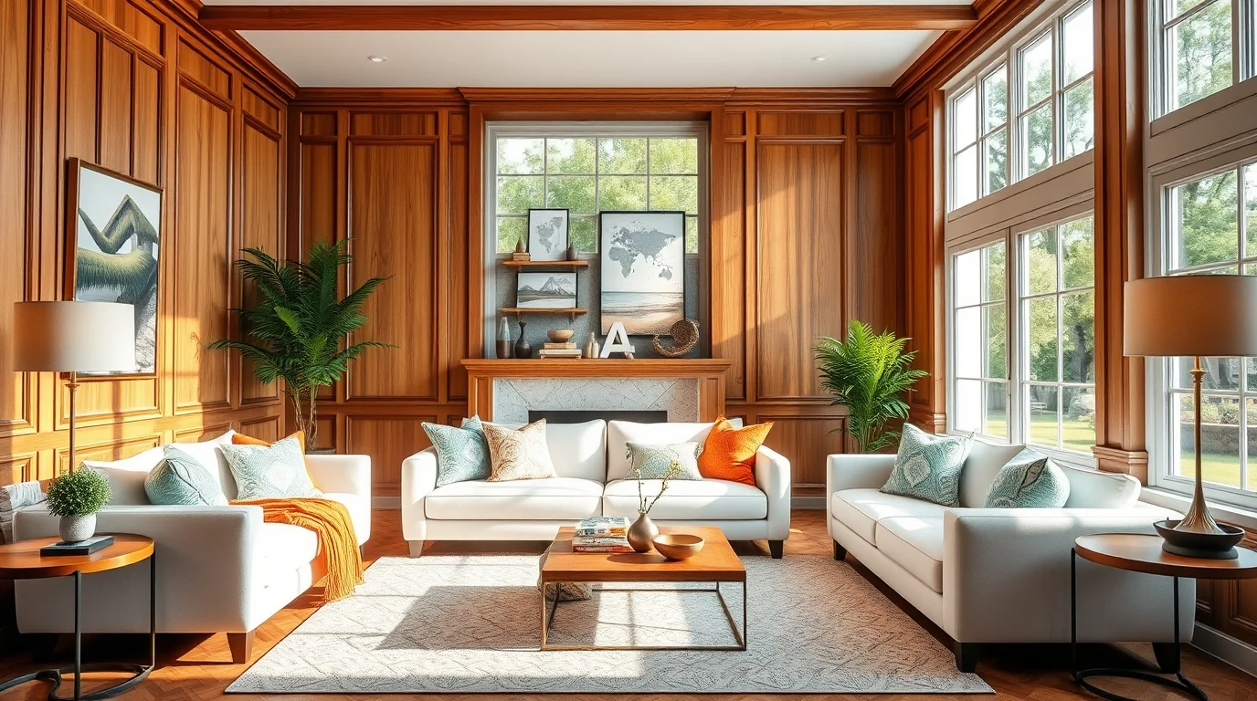 A cozy living room with modern wood paneling, featuring a neutral-toned sofa, stylish lighting, and lush greenery