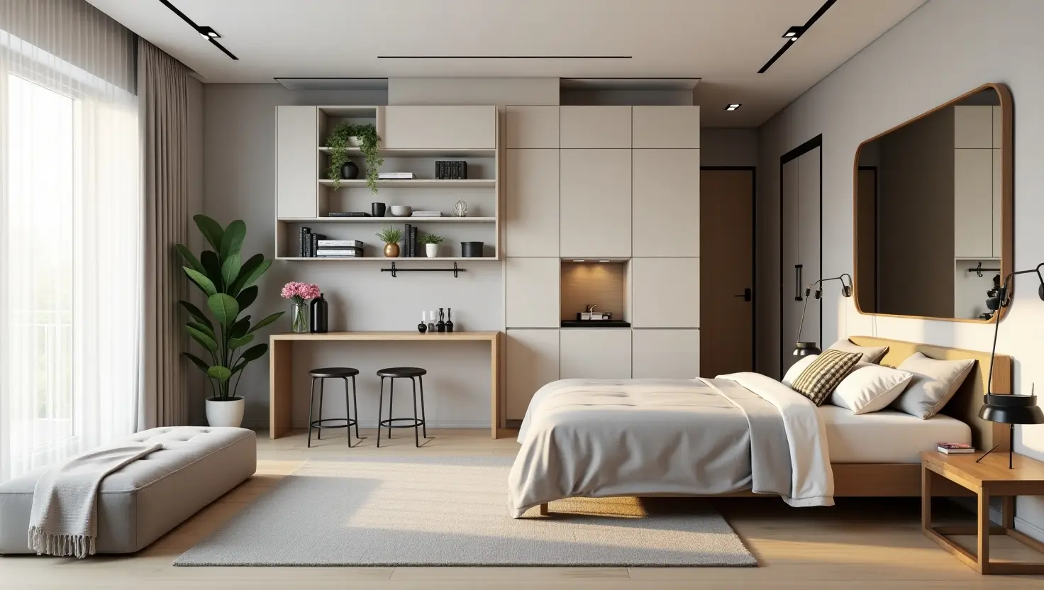 A modern studio apartment featuring multi-functional furniture, a Murphy bed, floating shelves, and natural lighting for a spacious feel.