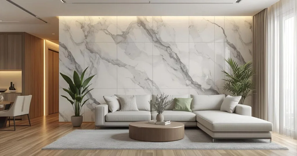 Modern living room decorated with white and gray PVC marble sheet wall panels for a luxurious interior look.