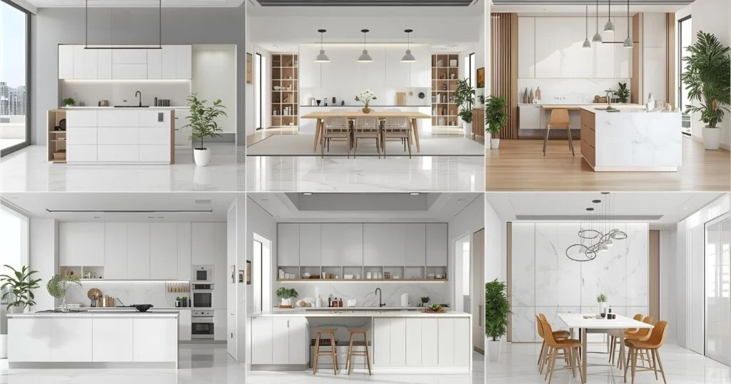 Kitchen, office, and dining areas featuring white PVC marble sheets with clear interior structure.
