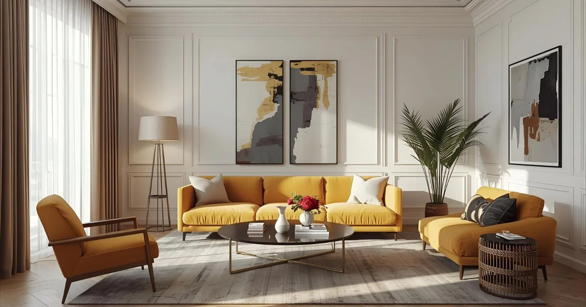 Contemporary living room showing a sofa and curtains matched in stylish color combinations. Match Curtains