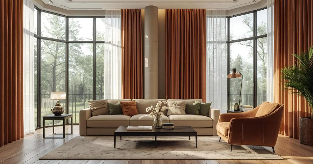 Luxurious living room interior with large windows draped in elegant linen curtains on one side and durable polyester curtains