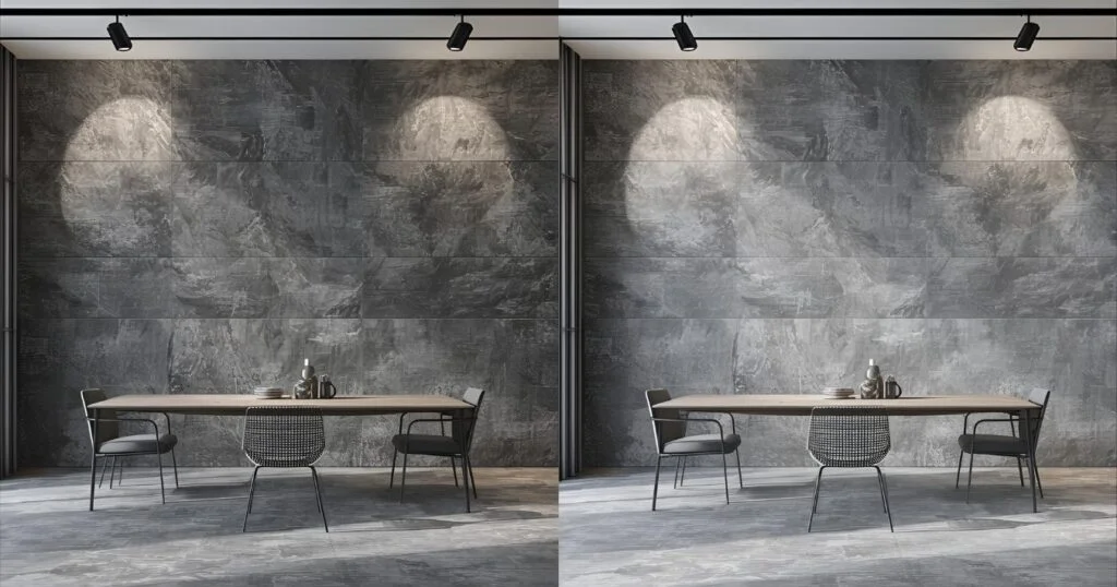 Studio room showing gray PVC marble sheet and real marble with clear furniture and room layout.