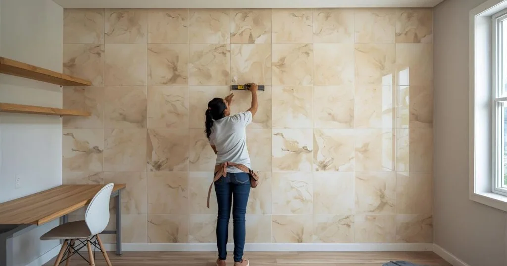 Home office interior with cream PVC marble sheet installation, showing furniture and room structure clearly.