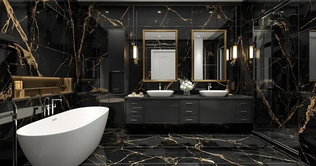 Luxury bathroom featuring black UV PVC marble sheets with clear interior structure and furniture.