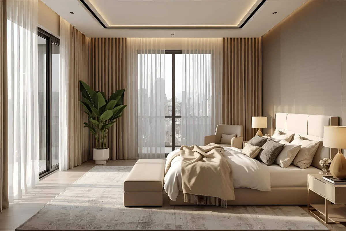 Elegant modern bedroom with stylish neutral curtains