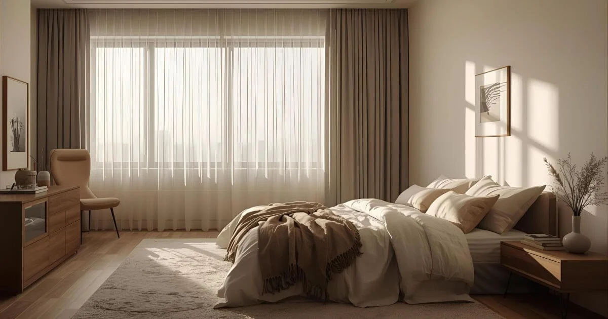 A cozy modern bedroom with layered sheer and blackout curtains allowing soft natural light