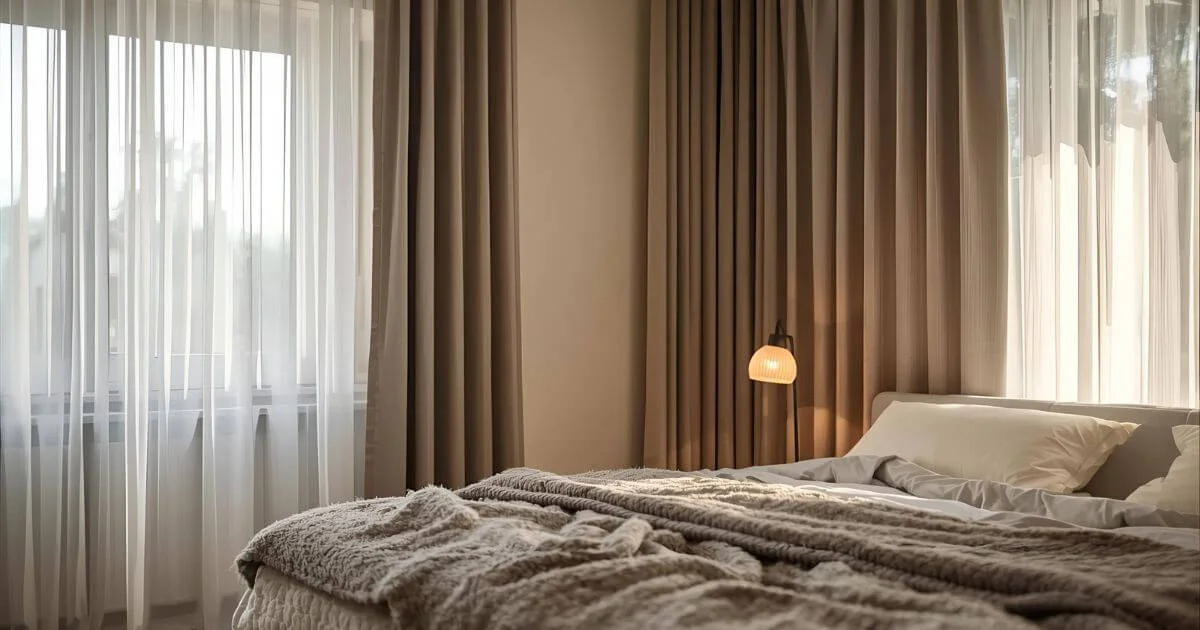 Bedroom showcasing layered blackout and sheer curtains to enhance sleep quality and create a peaceful environment