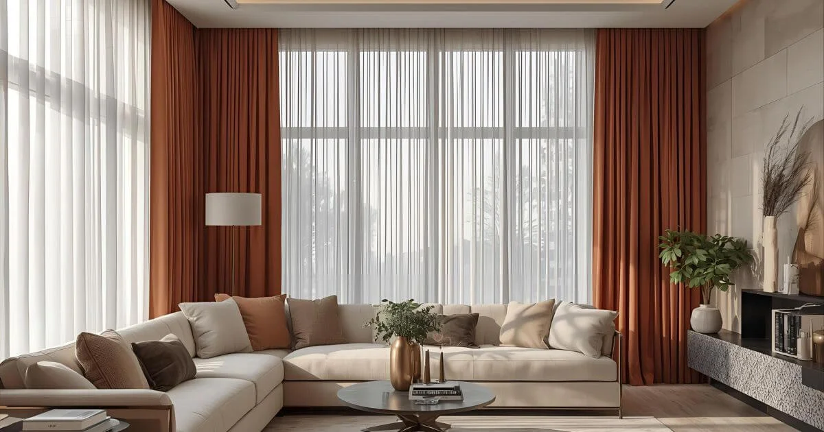 Modern living room with floor-to-ceiling sheer and velvet curtains, creating a luxurious and airy feel.