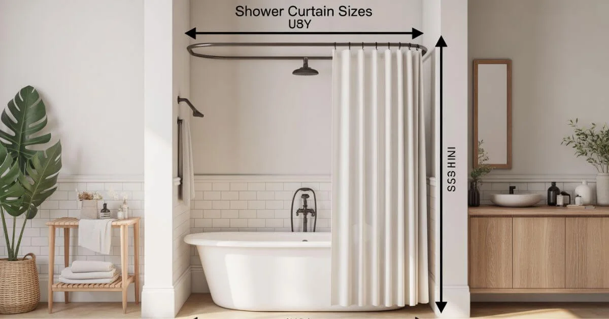 Standard shower curtain sizes in inches and cm for a bathtub shower in a modern bathroom