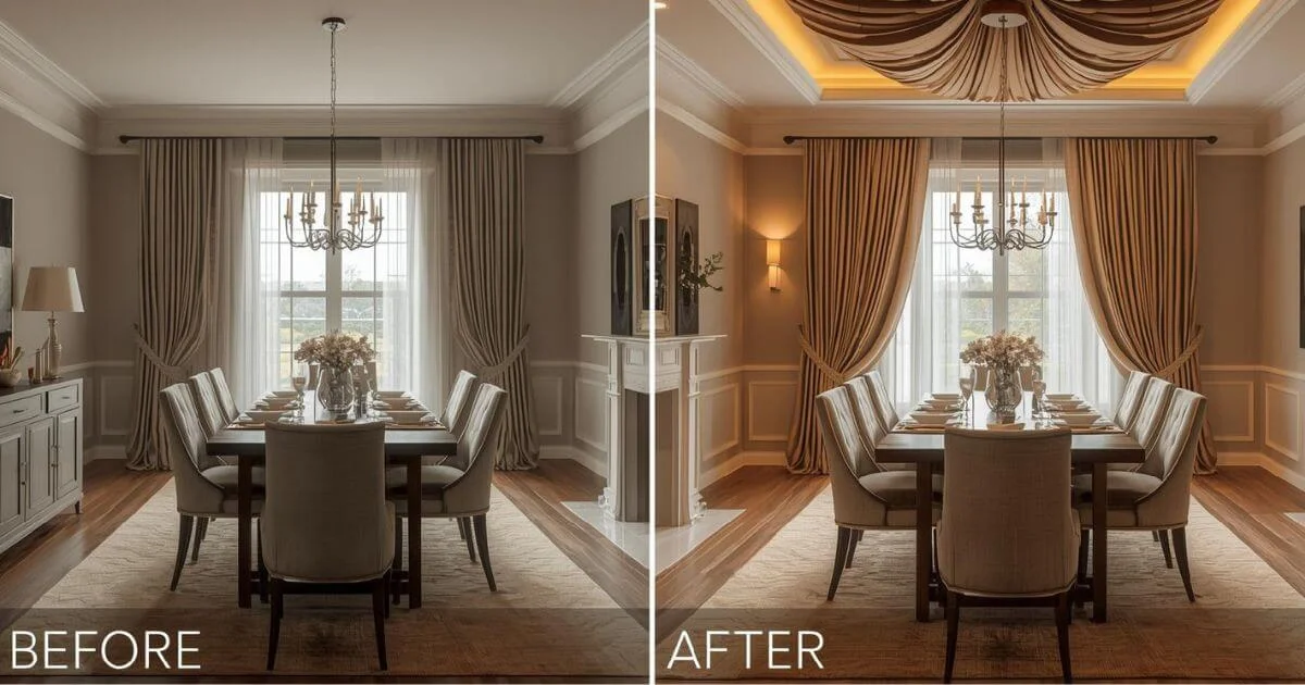 Before and after dining room showing poorly styled short curtains vs luxury full-length curtains