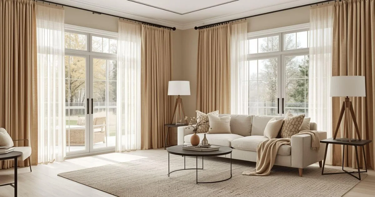 Curtain color for beige walls in a modern living room with neutral curtains