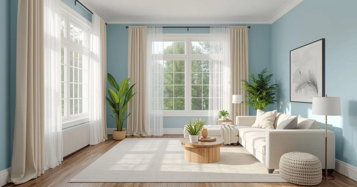 Curtain colors that go with blue walls in a modern American living room