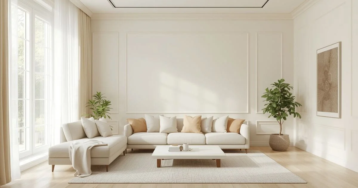 What curtains match cream walls in a modern living room with neutral decor