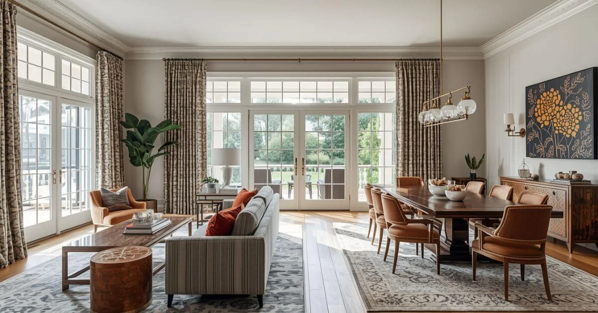 Open-plan American home with drawing room and dining area sharing same curtain style, cohesive interior design