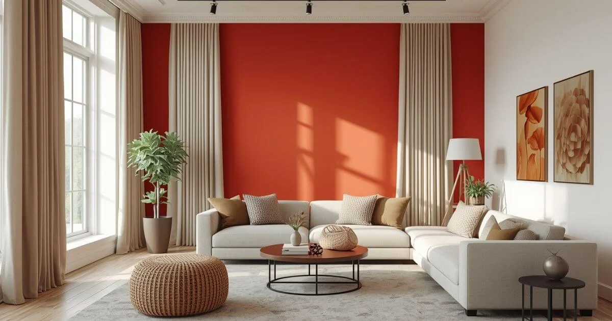 Curtains on red wall in a modern living room with beige curtains