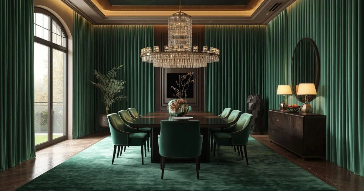 Emerald green velvet drapes framing a stylish dining table in a luxurious modern dining room.